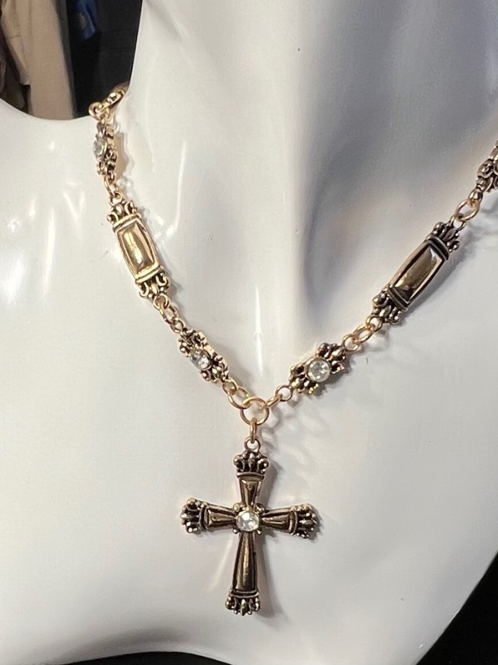 Antiqued Gold Tone Rosary Renaissance Crystal Necklace With Cross